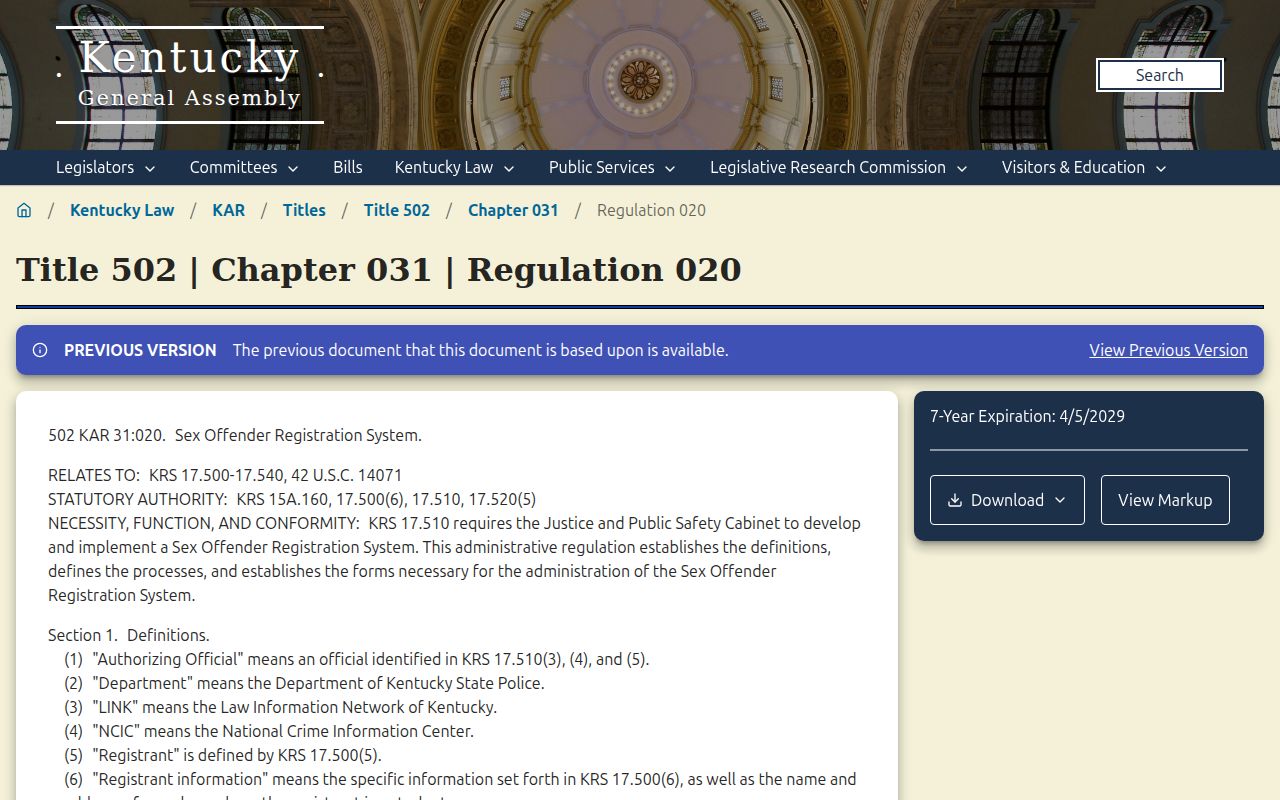 Kentucky regulation governing Montgomery County sex offender registration duties